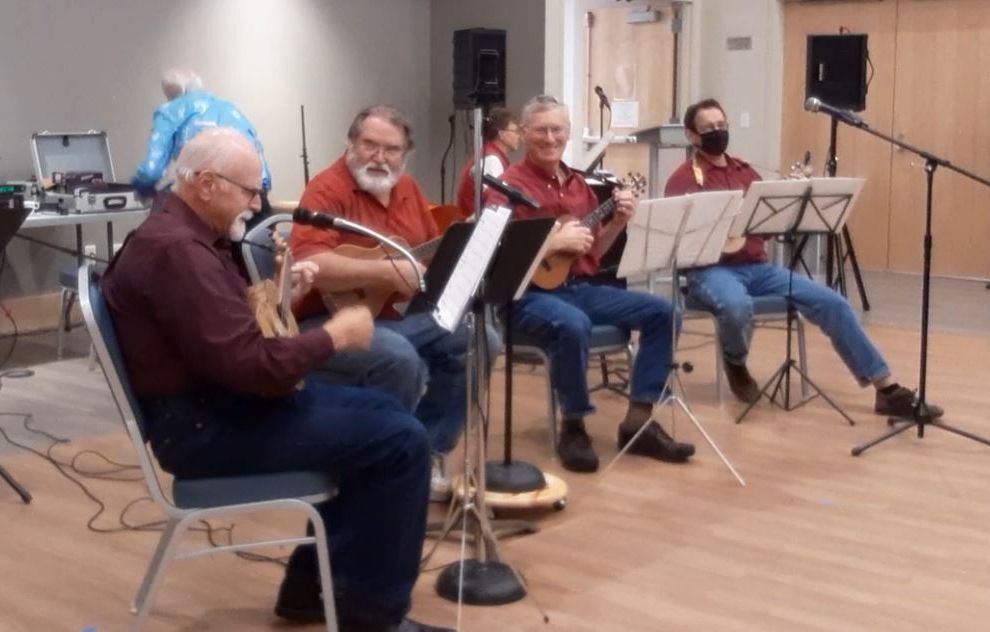 Picture of four seated people playing Ukuleles.